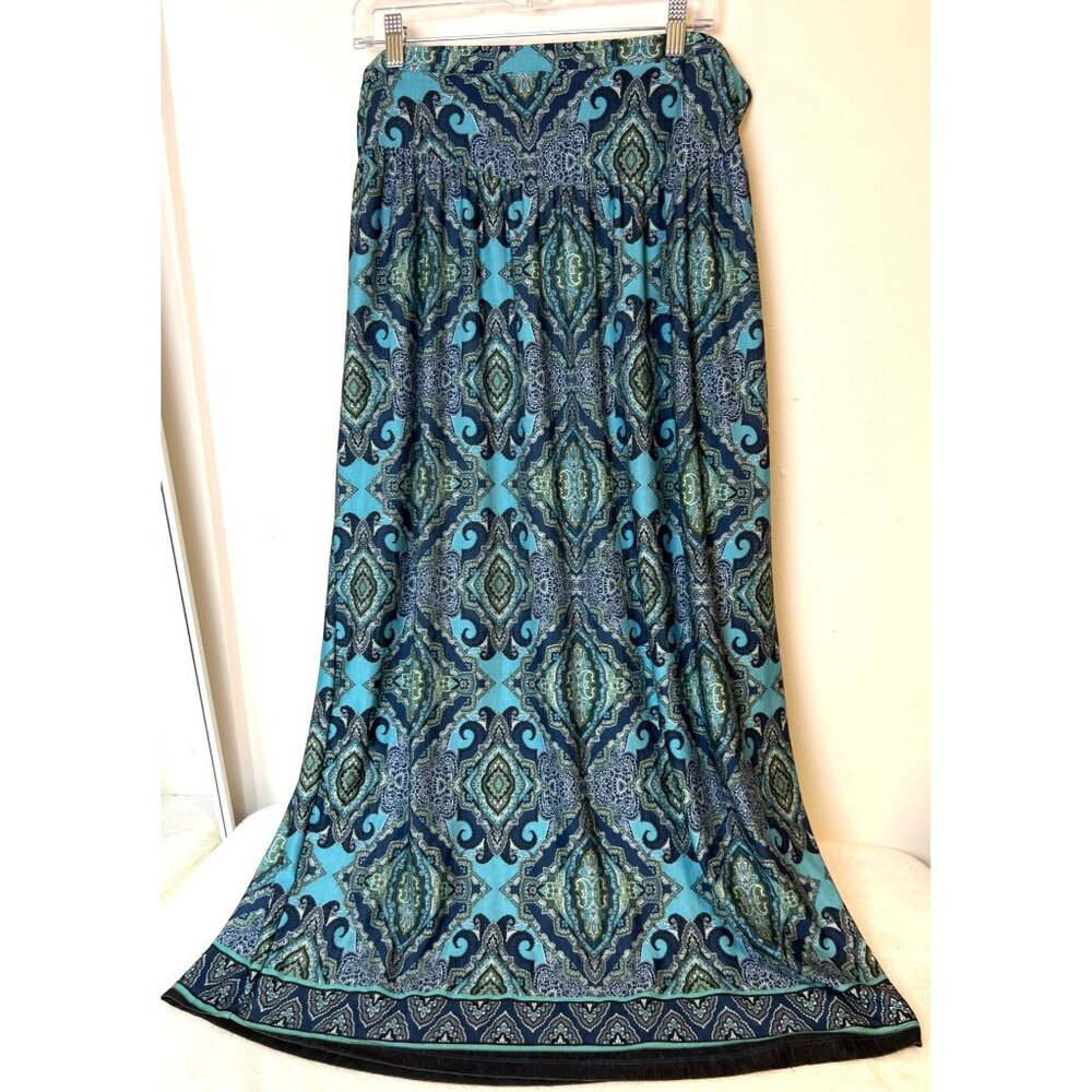 One world XL Maxi Skirt Blue Boho Paisley Medallion Bohemian Stretch